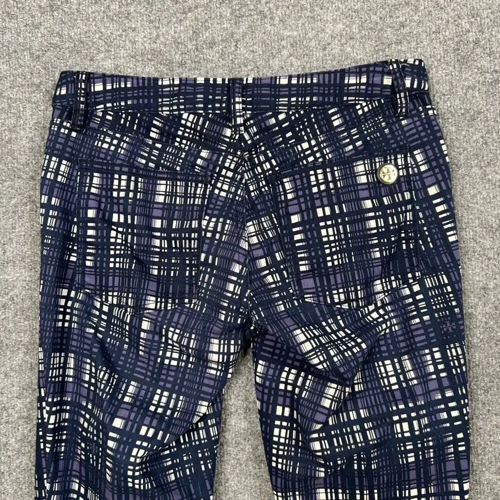 Tory Burch Pants Womens 27 Navy Cotton Blend Plaid Corner Tab Front Skinny Ankle
